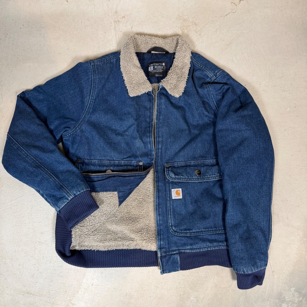 Carhartt Womens Blue Sherpa Lined Denim Bomber Jacket OJ5446-W Small Relaxed Fit